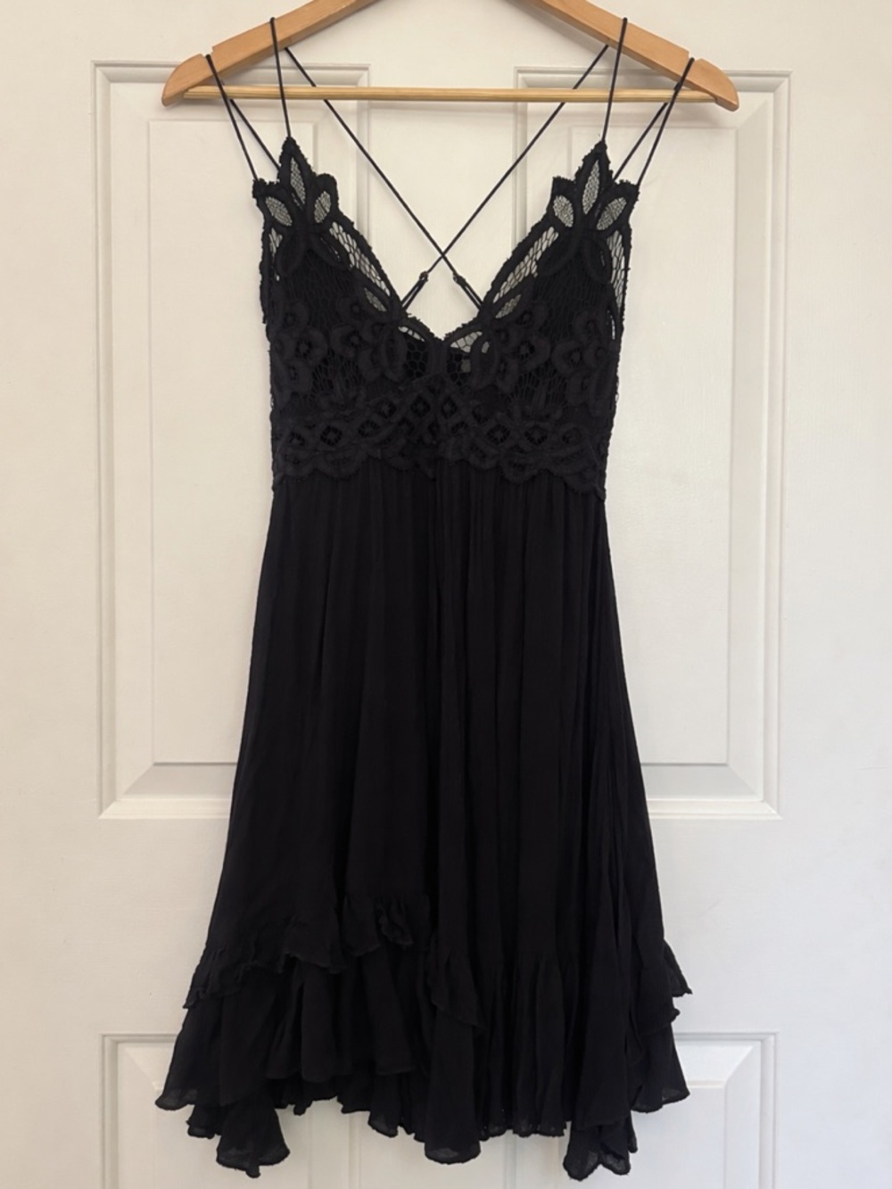 Free People Black Lace Boho Mini Dress Small Criss Cross Back Ruffle Hem